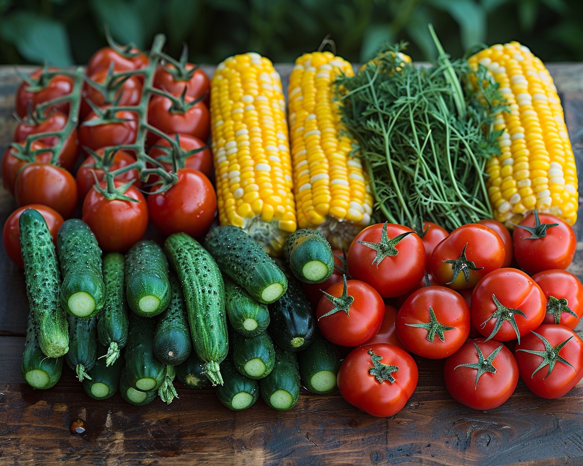 Légumes de saison en juillet : tomates, poivrons et courgettes colorés sur un marché